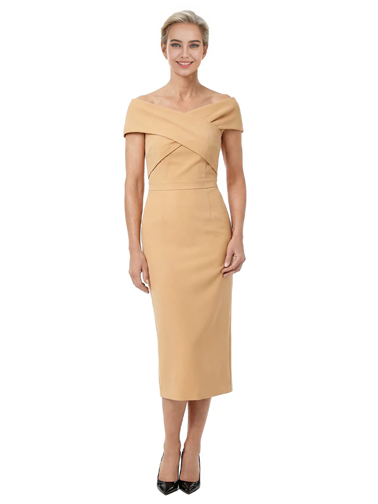 Mother of The Bride Dress Classy Off Shoulder Crepe Sheath Midi Gown Modern Wrap Detail