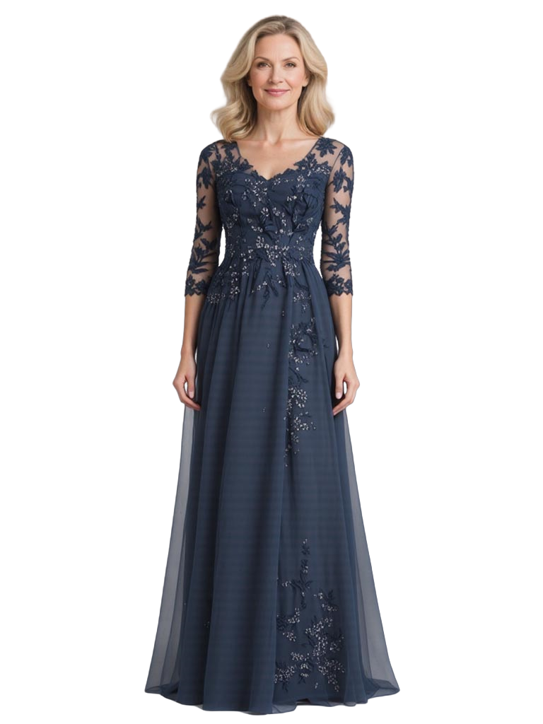 Elegant Chiffon V-Neck 3/4 Sleeves A-Line Floor Length Mother Of The Bride Dresses