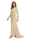 Mother of The Groom Dress Elegant Crew Scoop 3/4 Sleeve Crepe Maxi Gown Pleated Detail Classy Look