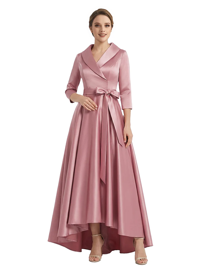 Modern High-Low 3/4 Sleeves Satin Mother Of The Bride Dress With Bow Knot