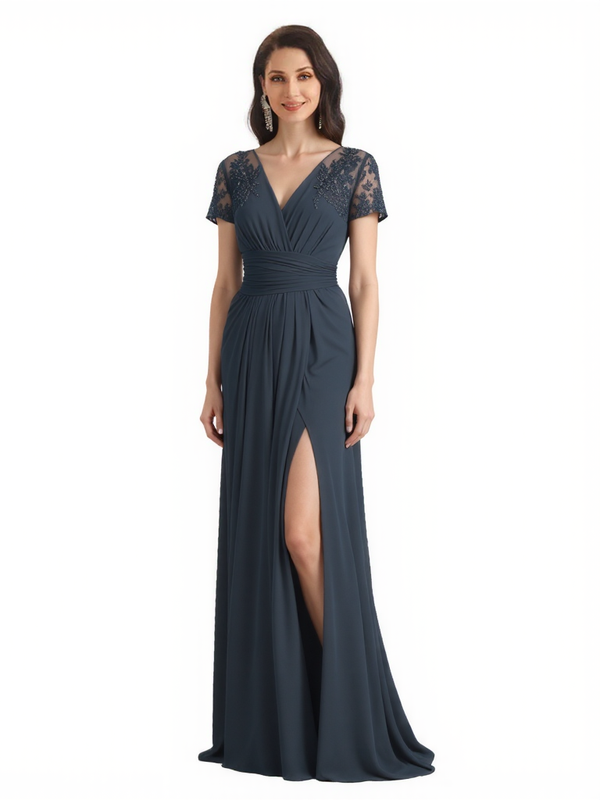 Elegant Chiffon A-Line Short Sleeves V-Neck Side Slit Lace Long Mother Of The Bride Dresses