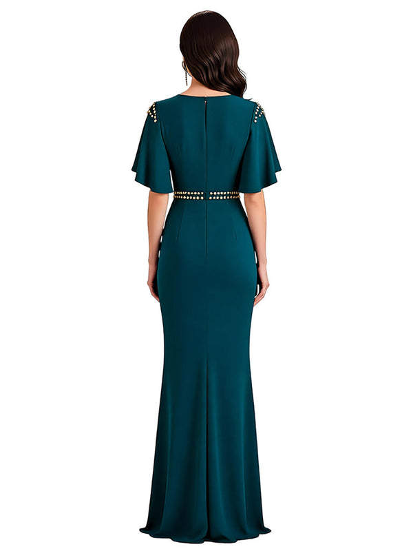 Elegant V-neck Flutter Sleeves Mermaid Slit Crepe Mother Of The Bride Dresses