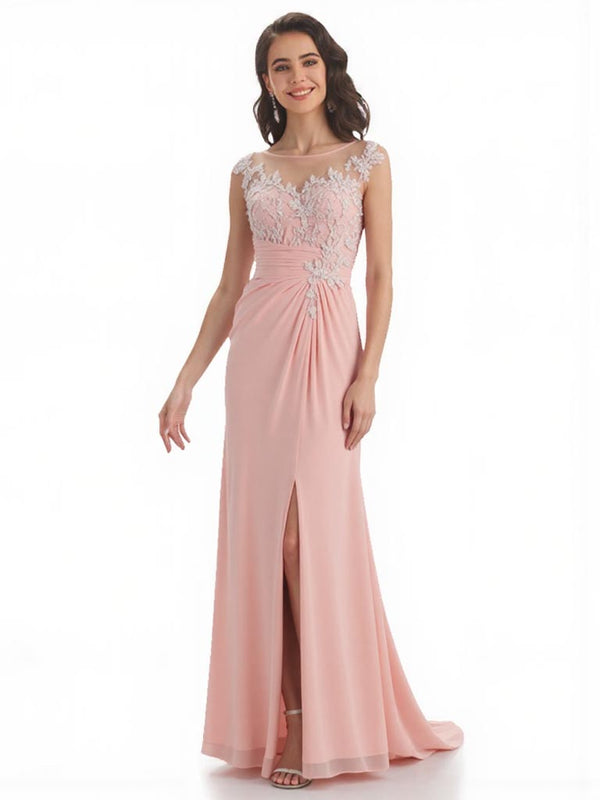 Elegant Chiffon Side Slit A-Line Floor Length Mother Of The Bride Dresses With Applique