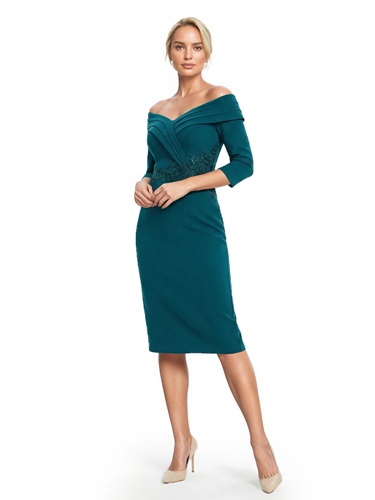 Mother of The Groom Dresses Off The Shoulder 3/4 Sleeve Satin Sheath Midi Dress Pretty Lace Detailed Formal Bridal Party Attire