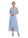 Unique Flutter Sleeves Lace Beaded Short Mother of the Groom Dresses