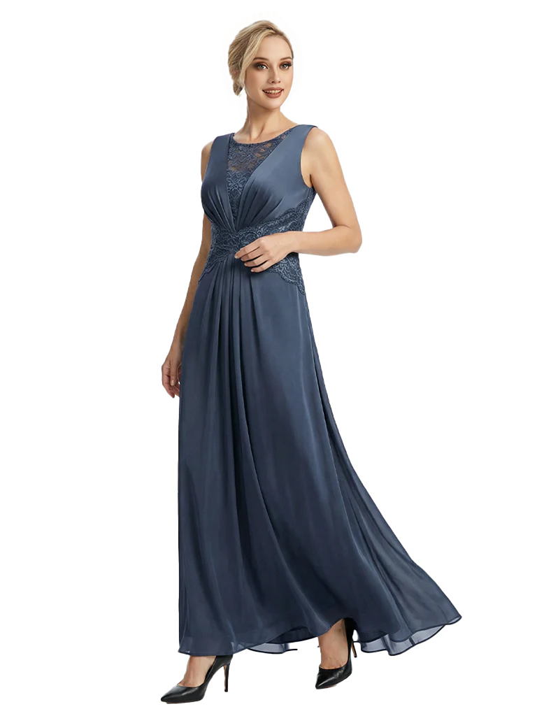 Mother of The Bride Dresses Scoop Sleeveless Lace Chiffon Maxi Gown Classy Ruched Formal Wedding Event Dress