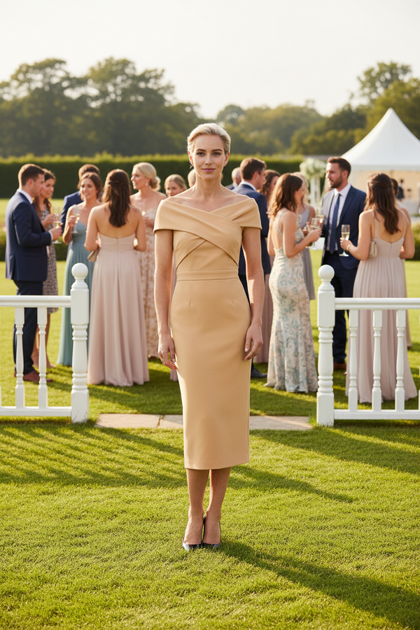 Mother of The Bride Dress Classy Off Shoulder Crepe Sheath Midi Gown Modern Wrap Detail