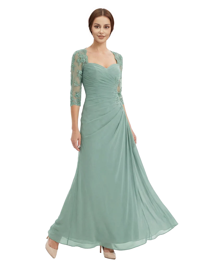 Sweetheart Ruched Lace 3/4 Sleeves A-Line Chiffon Mother Of The Groom Dress