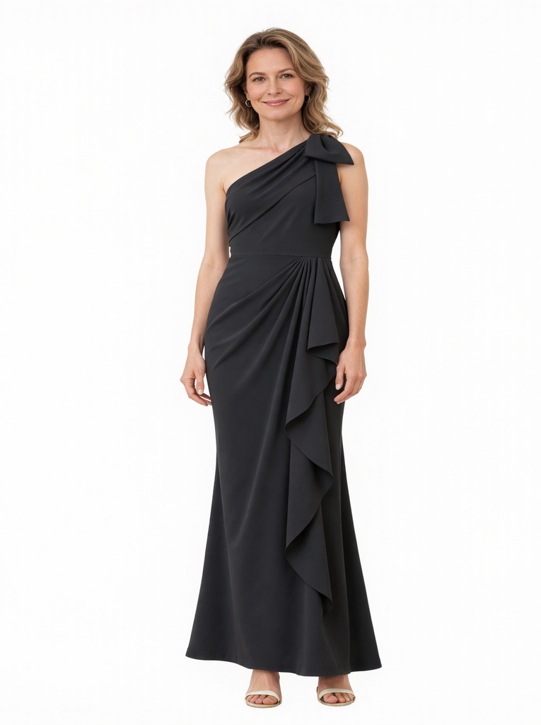 Elegant Mermaid One Shoulder Crepe Ruffle Long Mother of the Brides and Groom Dresses