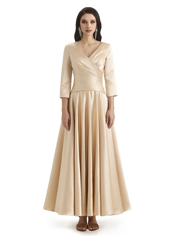 Elegant Soft Satin 3/4 Sleeves V-Neck Ankle Length Mother of The Bride Dresses