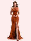 Elegant One Shoulder Sleeveless Side Slit Long Mermaid Velvet Bridesmaid Dresses Online