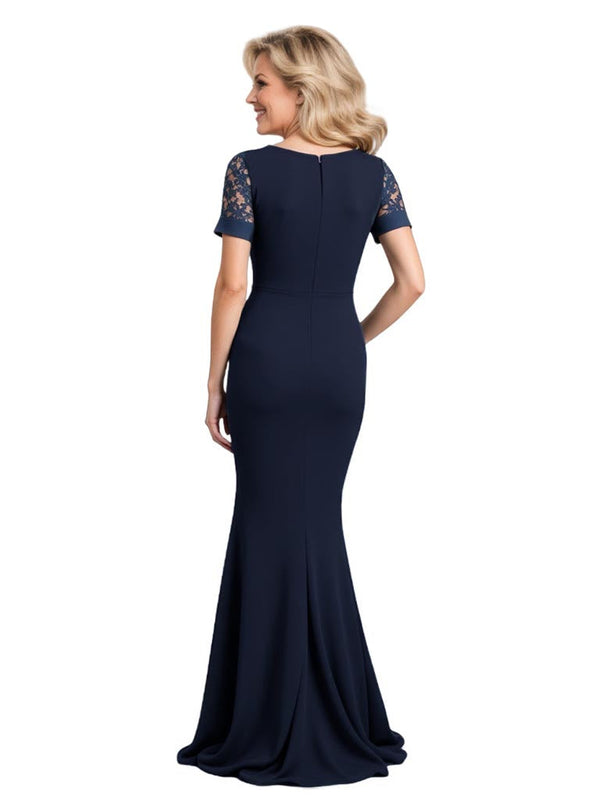 Elegant Short Sleeves V-Neck Mermaid Crepe Long Mother of The Bride and Groom Dresses