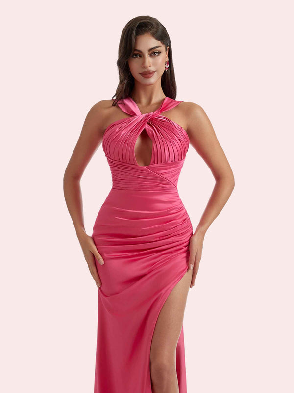 Simple Mermaid Pleats Side Slit Halter Soft Satin Long Bridesmaid Dress For Wedding