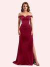 Elegant Off Shoulder Sleeveless Side Slit Long Mermaid Velvet Bridesmaid Dresses Online