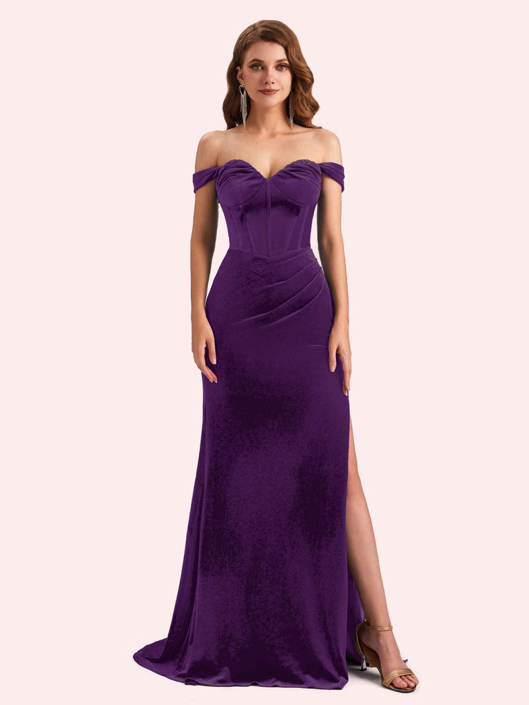 Elegant Off Shoulder Sleeveless Side Slit Long Mermaid Velvet Bridesmaid Dresses Online Elegant Off Shoulder Sleeveless Side Slit Long Mermaid Velvet Bridesmaid Dresses Online