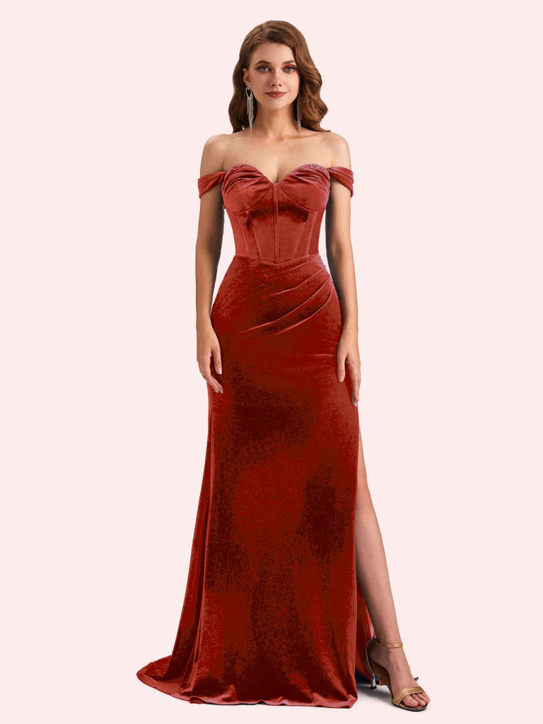 Elegant Off Shoulder Sleeveless Side Slit Long Mermaid Velvet Bridesmaid Dresses Online