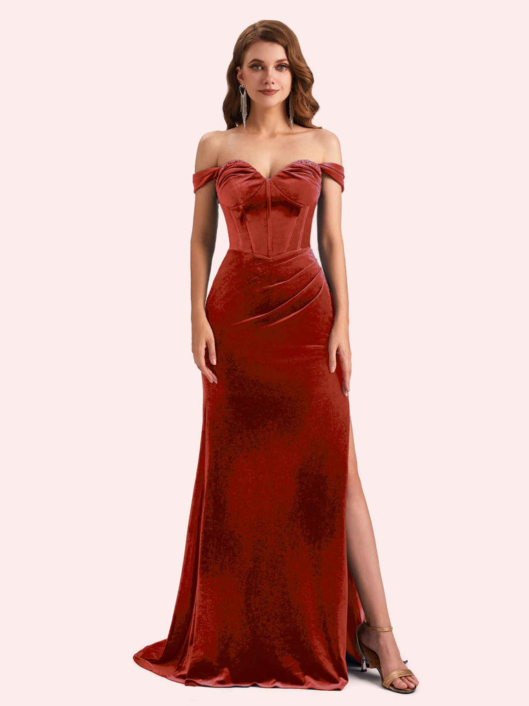 rust velvet bridesmaid dresses Velvet Mermaid Bridesmaid Dresses Leg Slit Lisposa