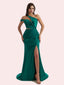 Elegant Mermaid Pleats Side Slit One Shoulder Soft Satin Long Bridesmaid Dress For Wedding