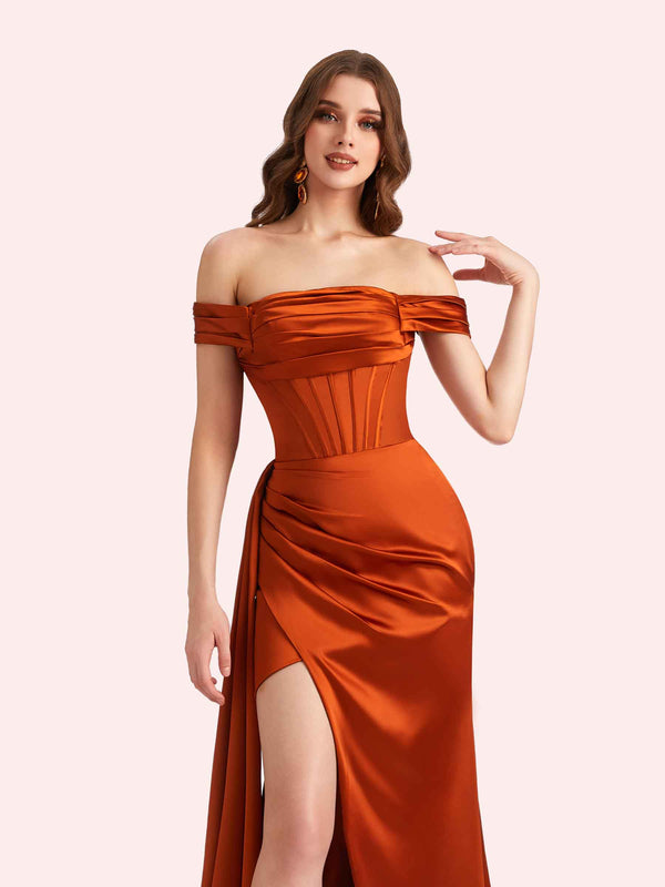 Elegant Off Shoulder Side Slit Mermaid Soft Satin Long Matron of Honor Dress For Wedding