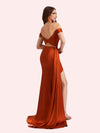 Elegant Off Shoulder Side Slit Mermaid Soft Satin Long Matron of Honor Dress For Wedding