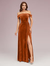 Elegant Stretch Velvet Off Shoulder Side Slit Long Bridesmaid Dresses Online