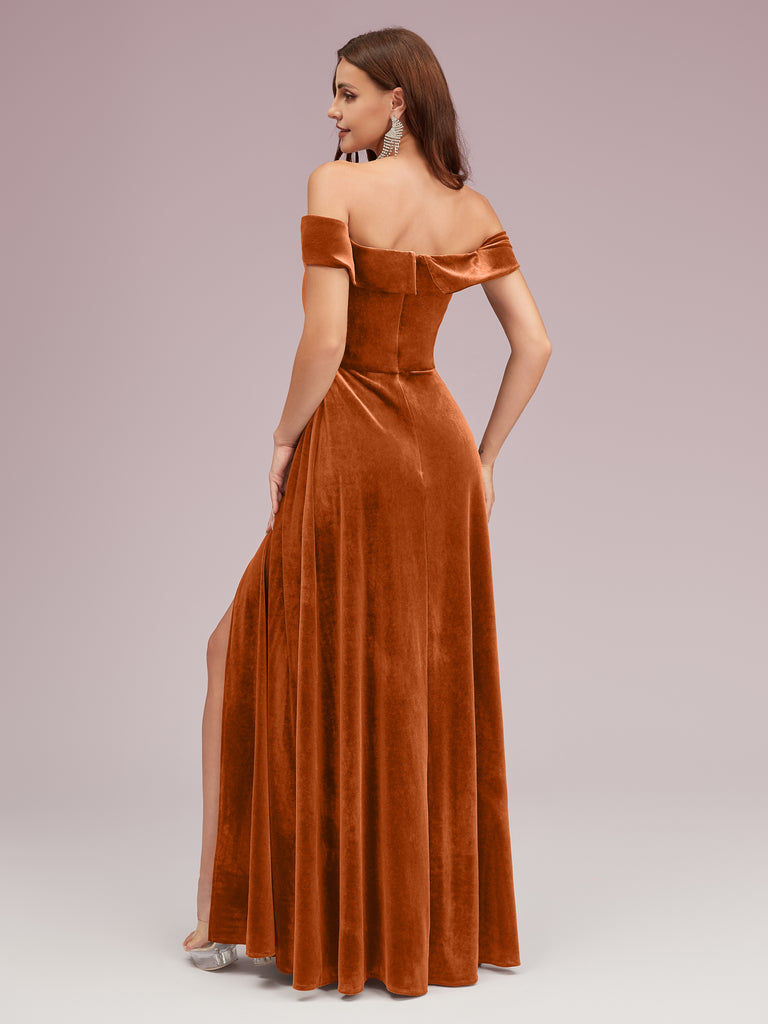 Elegant Stretch Velvet Off Shoulder Side Slit Long Bridesmaid Dresses Online Elegant Stretch Velvet Off Shoulder Side Slit Long Bridesmaid Dresses Online