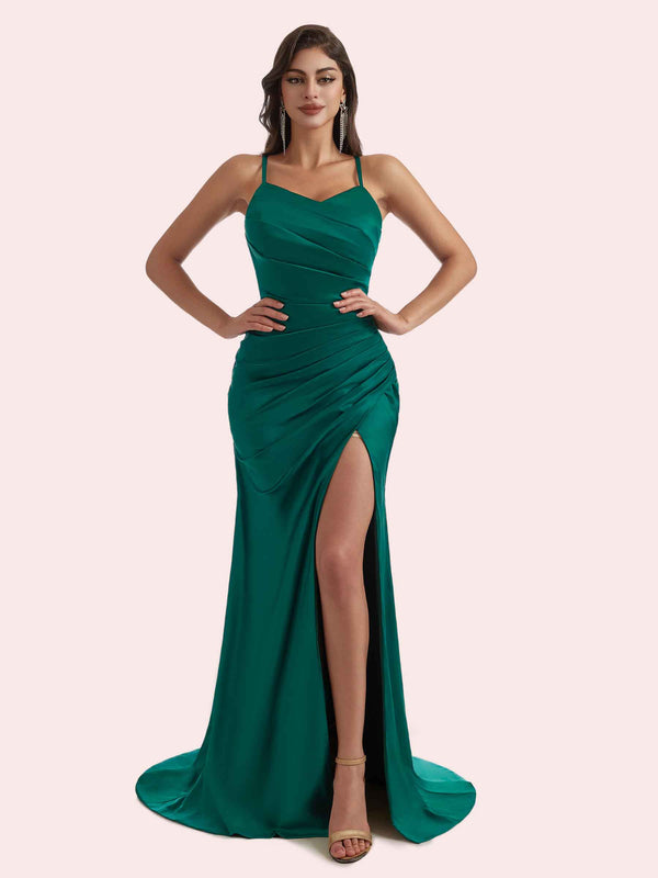 Elegant Mermaid Spaghetti Straps V-neck Side Slit Pleats Soft Satin Long Bridesmaid Dress for Wedding