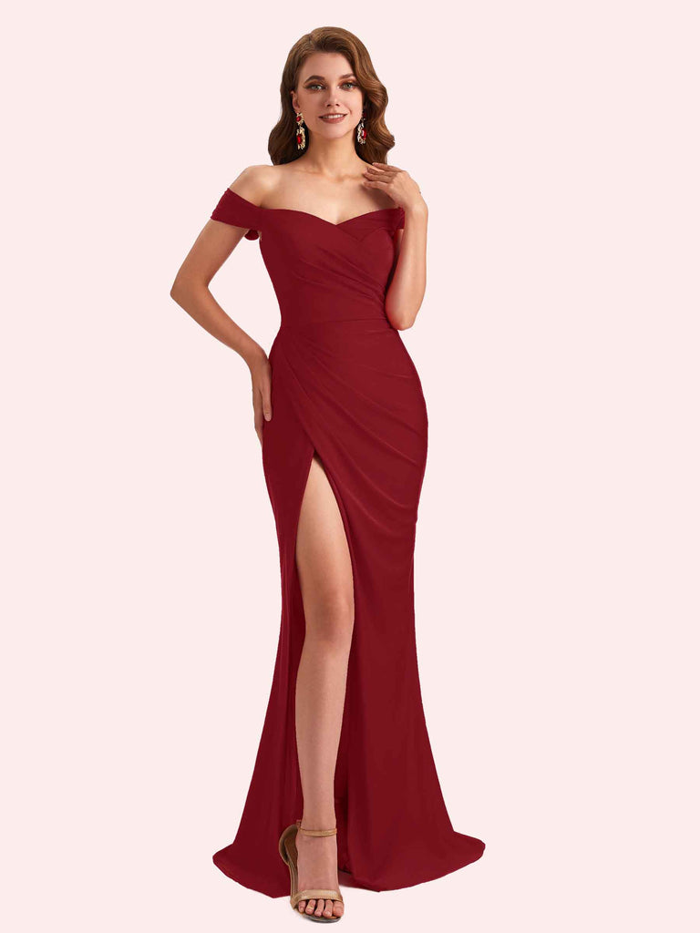 Sexy Off Shoulder Side Slit Stretch Jersey Long Mermaid Bridesmaid Dresses Online Sexy Off Shoulder Side Slit Stretch Jersey Long Mermaid Bridesmaid Dresses Online