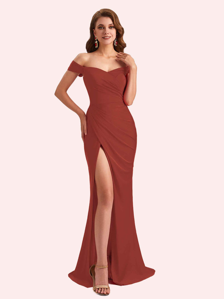 Sexy Off Shoulder Side Slit Stretch Jersey Long Mermaid Bridesmaid Dresses Online