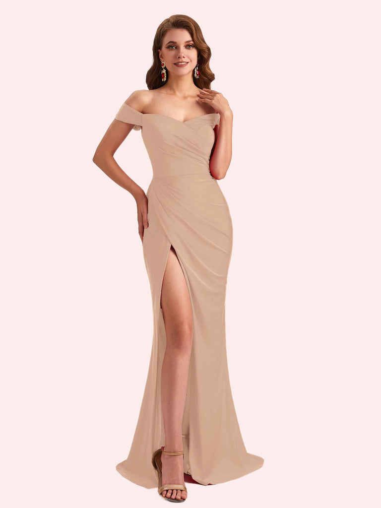 Sexy Off Shoulder Side Slit Stretch Jersey Long Mermaid Bridesmaid Dresses Online