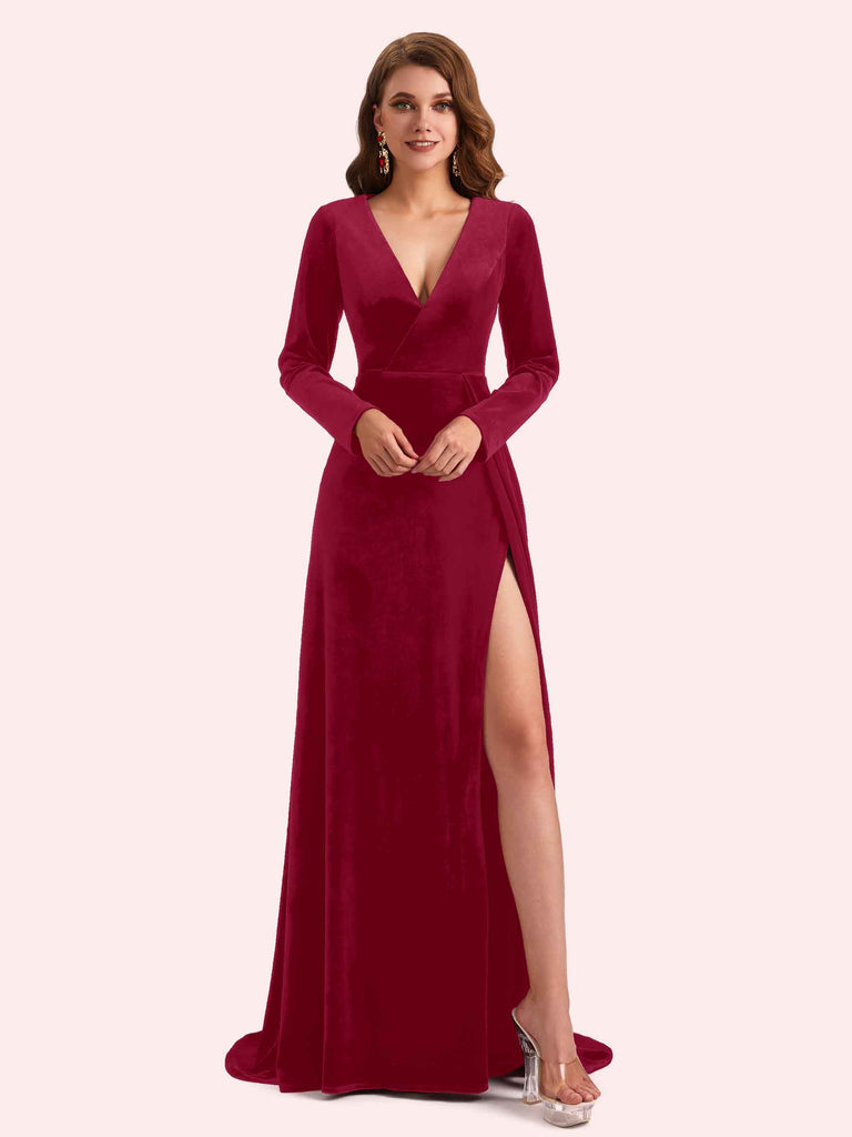 Elegant V-neck Long Sleeves Long A-line Velvet Bridesmaid Dresses Online Elegant V-neck Long Sleeves Long A-line Velvet Bridesmaid Dresses Online