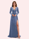 Elegant V-neck Long Sleeves Long A-line Velvet Bridesmaid Dresses Online