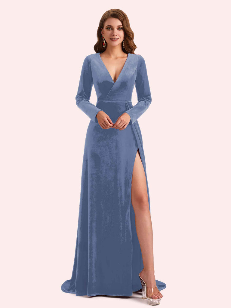 Elegant V-neck Long Sleeves Long A-line Velvet Bridesmaid Dresses Online Elegant V-neck Long Sleeves Long A-line Velvet Bridesmaid Dresses Online