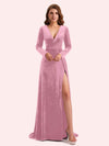 Elegant V-neck Long Sleeves Long A-line Velvet Bridesmaid Dresses Online