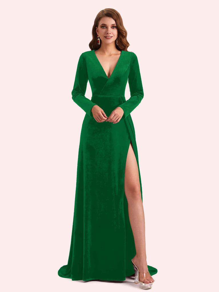 Elegant V-neck Long Sleeves Long A-line Velvet Bridesmaid Dresses Online Elegant V-neck Long Sleeves Long A-line Velvet Bridesmaid Dresses Online