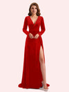 Elegant V-neck Long Sleeves Long A-line Velvet Bridesmaid Dresses Online