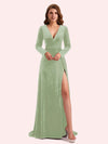 Elegant V-neck Long Sleeves Long A-line Velvet Bridesmaid Dresses Online