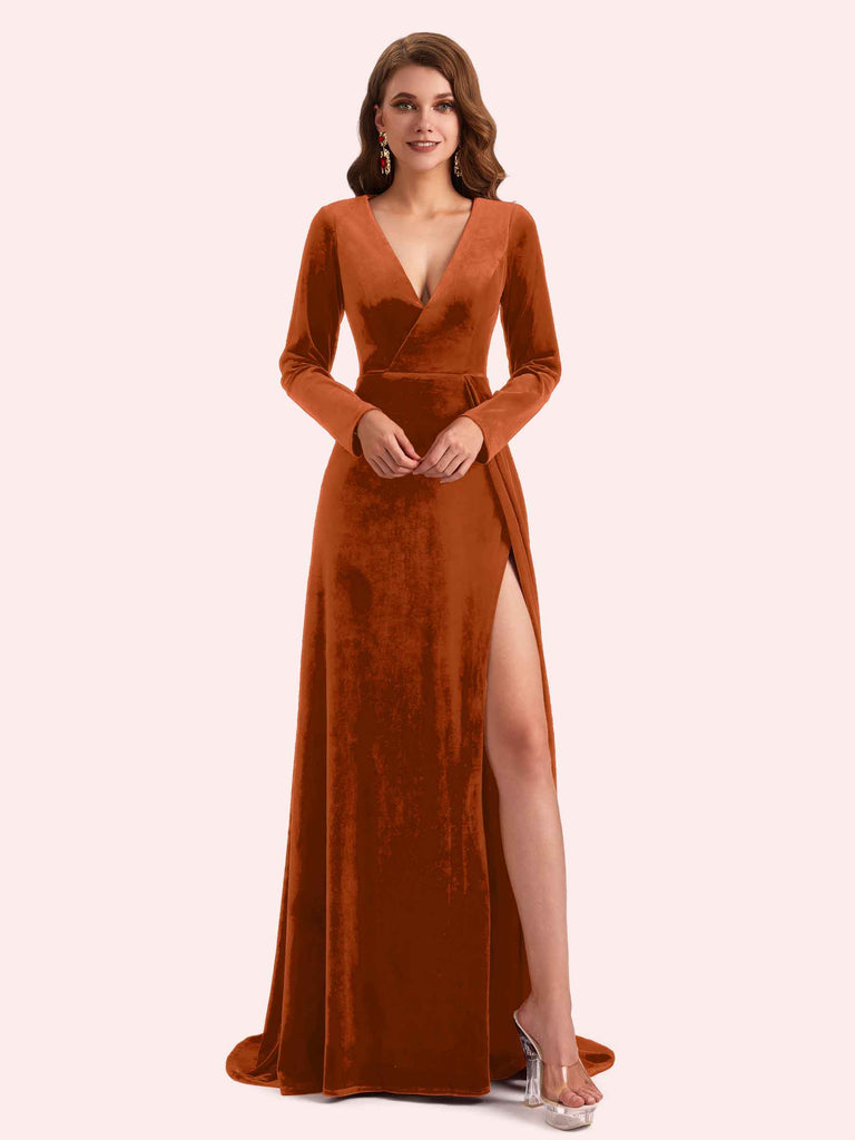 Elegant V-neck Long Sleeves Long A-line Velvet Bridesmaid Dresses Online Elegant V-neck Long Sleeves Long A-line Velvet Bridesmaid Dresses Online