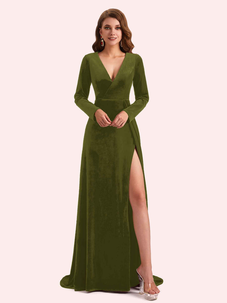 Elegant V-neck Long Sleeves Long A-line Velvet Bridesmaid Dresses Online Elegant V-neck Long Sleeves Long A-line Velvet Bridesmaid Dresses Online