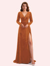 Elegant V-neck Long Sleeves Long A-line Velvet Bridesmaid Dresses Online