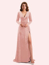 Elegant V-neck Long Sleeves Long A-line Velvet Bridesmaid Dresses Online