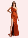 Elegant One Shoulder Side Slit Mermaid Soft Satin Long Matron of Honor Dress For Wedding