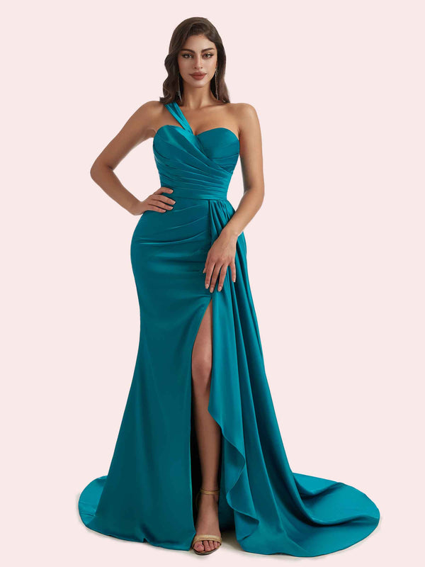 Elegant Mermaid Sweetheart Side Slit Pleats One Shoulder Soft Satin Long Bridesmaid Dress Online