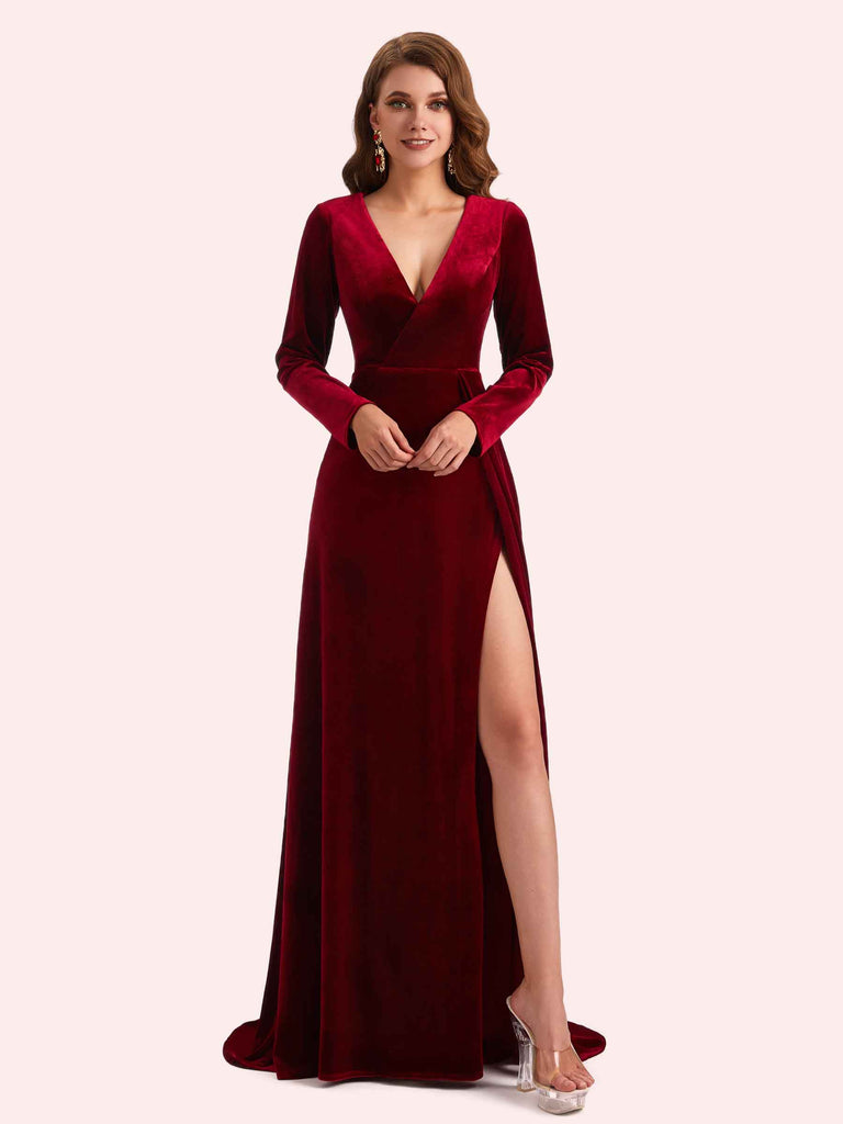 Elegant V-neck Long Sleeves Long A-line Velvet Bridesmaid Dresses Online Elegant V-neck Long Sleeves Long A-line Velvet Bridesmaid Dresses Online