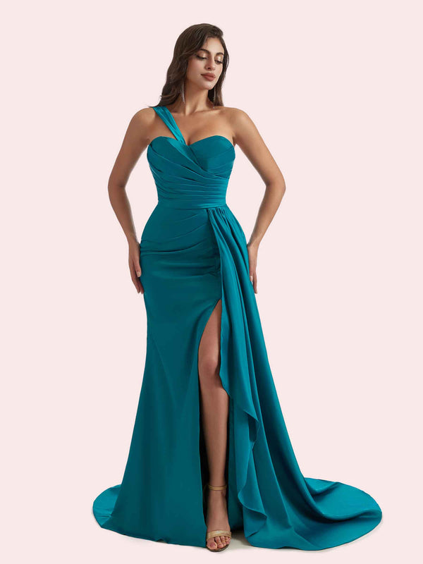 Elegant Mermaid Sweetheart Side Slit Pleats One Shoulder Soft Satin Long Bridesmaid Dress Online