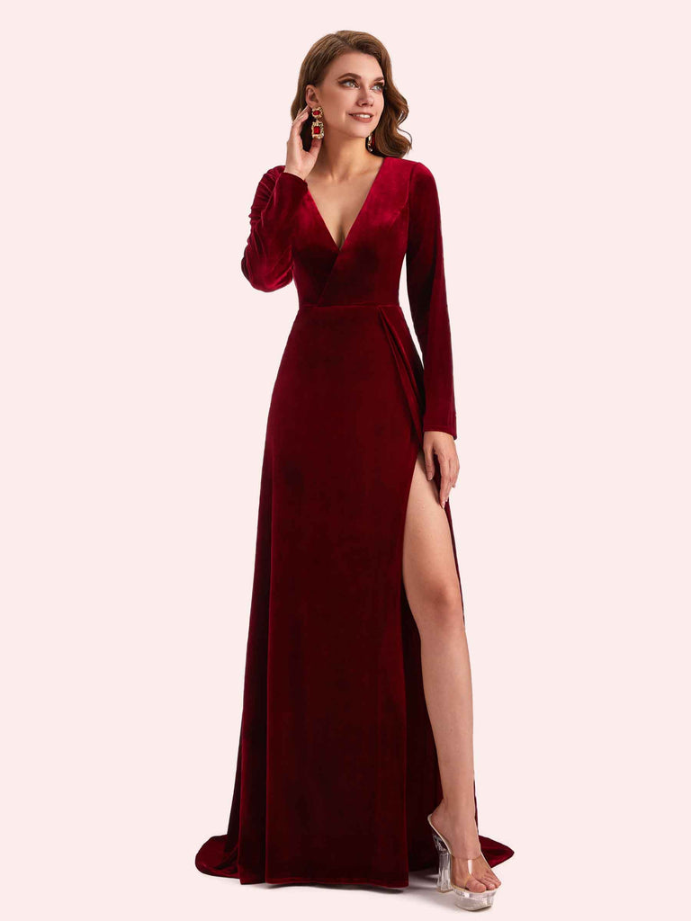 Cetims Elegant V neck Long Sleeves Long A line Velvet Bridesmaid Dresses Online Rust