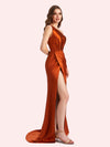 Elegant One Shoulder Side Slit Mermaid Soft Satin Long Matron of Honor Dress For Wedding