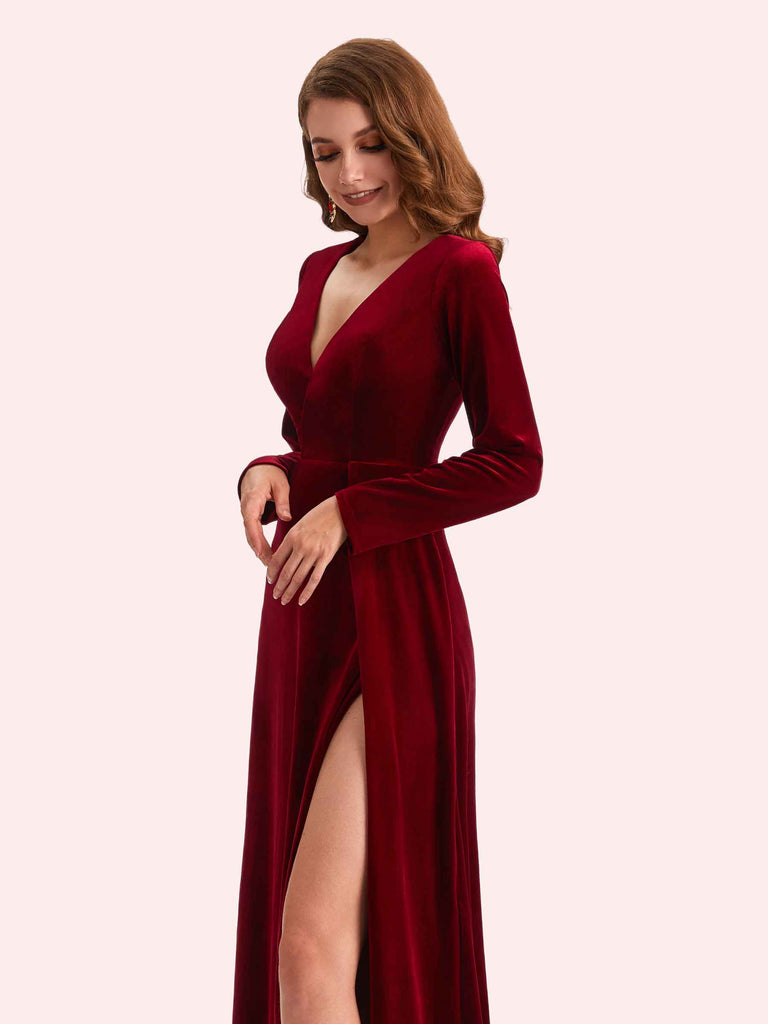 Elegant V-neck Long Sleeves Long A-line Velvet Bridesmaid Dresses Online Elegant V-neck Long Sleeves Long A-line Velvet Bridesmaid Dresses Online