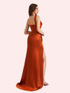 Elegant One Shoulder Side Slit Mermaid Soft Satin Long Matron of Honor Dress For Wedding