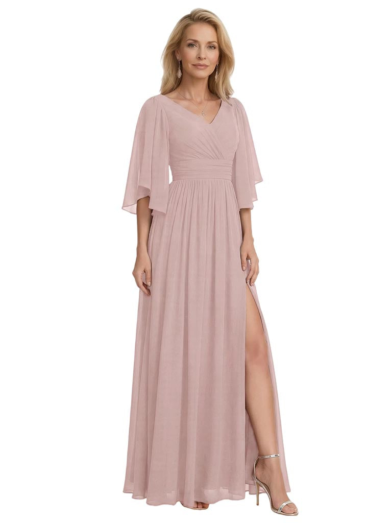 Elegant Half Sleeves Chiffon Side Slit A-Line Mother Of The Bride Dresses